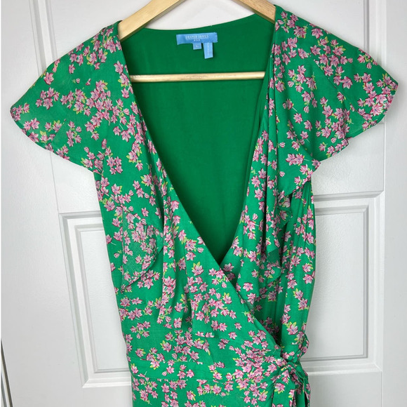 Draper James RSVP Flutter Wrap Women's Dress Green Ruffle Floral Rayon Belted L - Picture 4 of 6